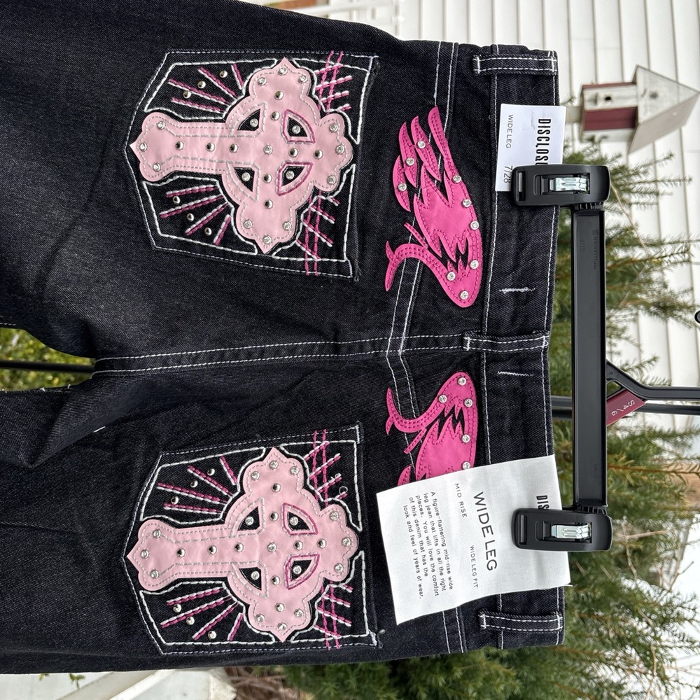 pink cross detail rhinestone jeans